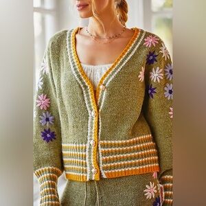 RAGA Green Cardigan with Floral Embroidery NWOT